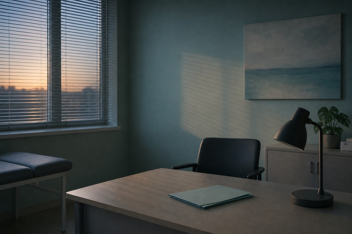 Een lege spreekkamer bij schemerlicht, met een gesloten patiëntendossier op het bureau
